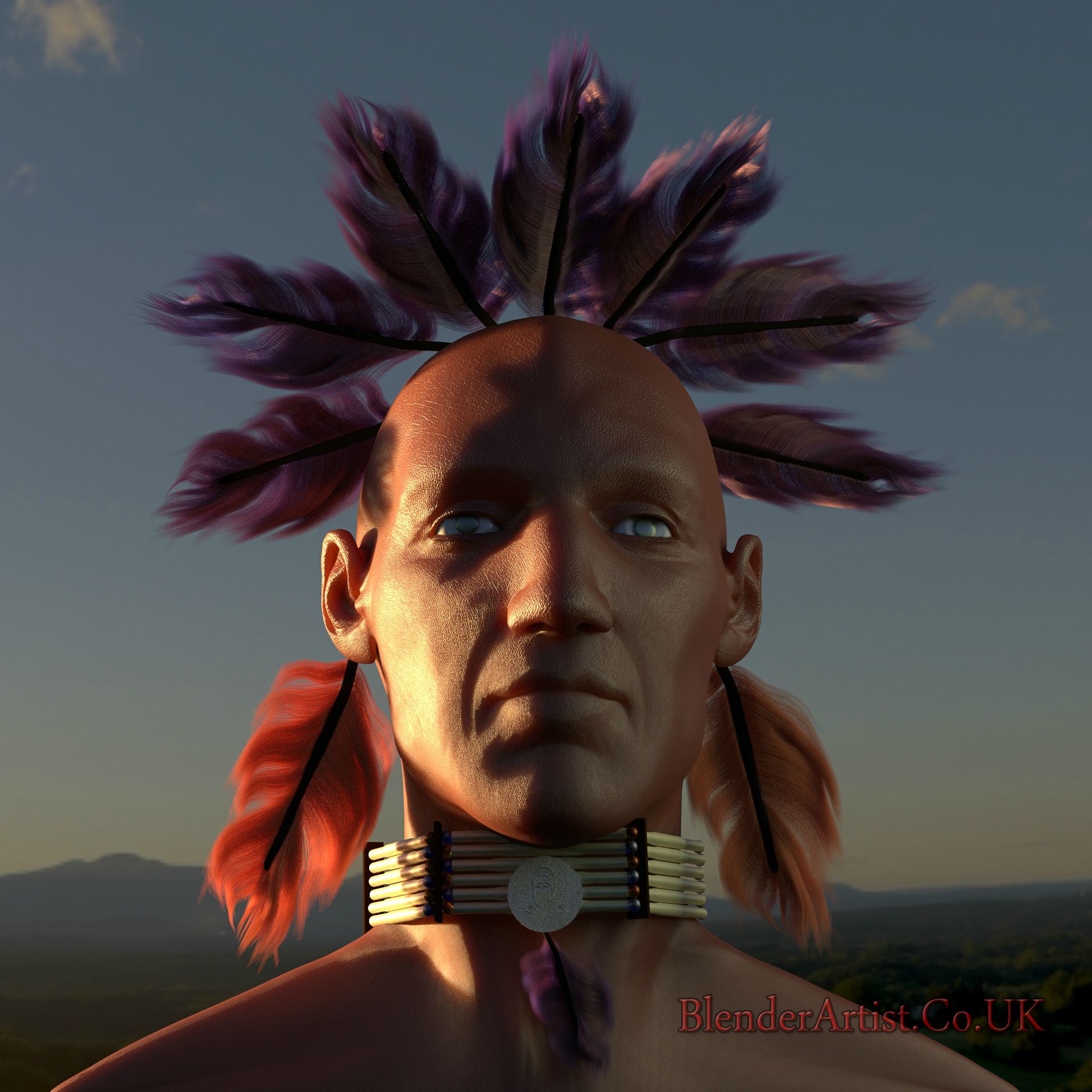 This indian brave is teamed up with the horse in the preceding image.The main aim here was the creation of feathers using a particle system. It took a long time to render due to the massive number of particles. © BlenderArtist.Co.Uk 2014.